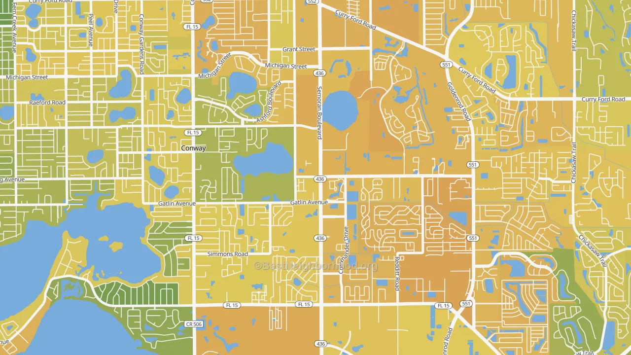 Map of the best neighborhoods in the South Semoran, Orlando area, with better matches in green and worse matches in red