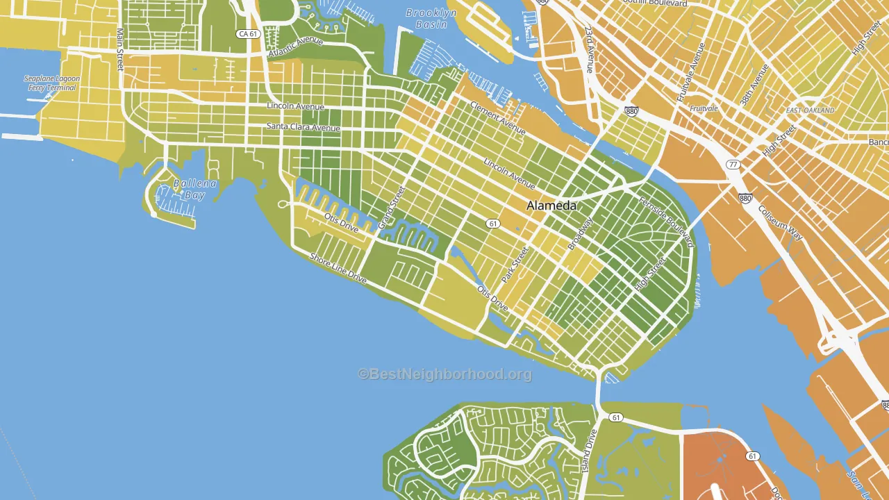 Map of the best neighborhoods in the South Shore, Alameda area, with better matches in green and worse matches in red