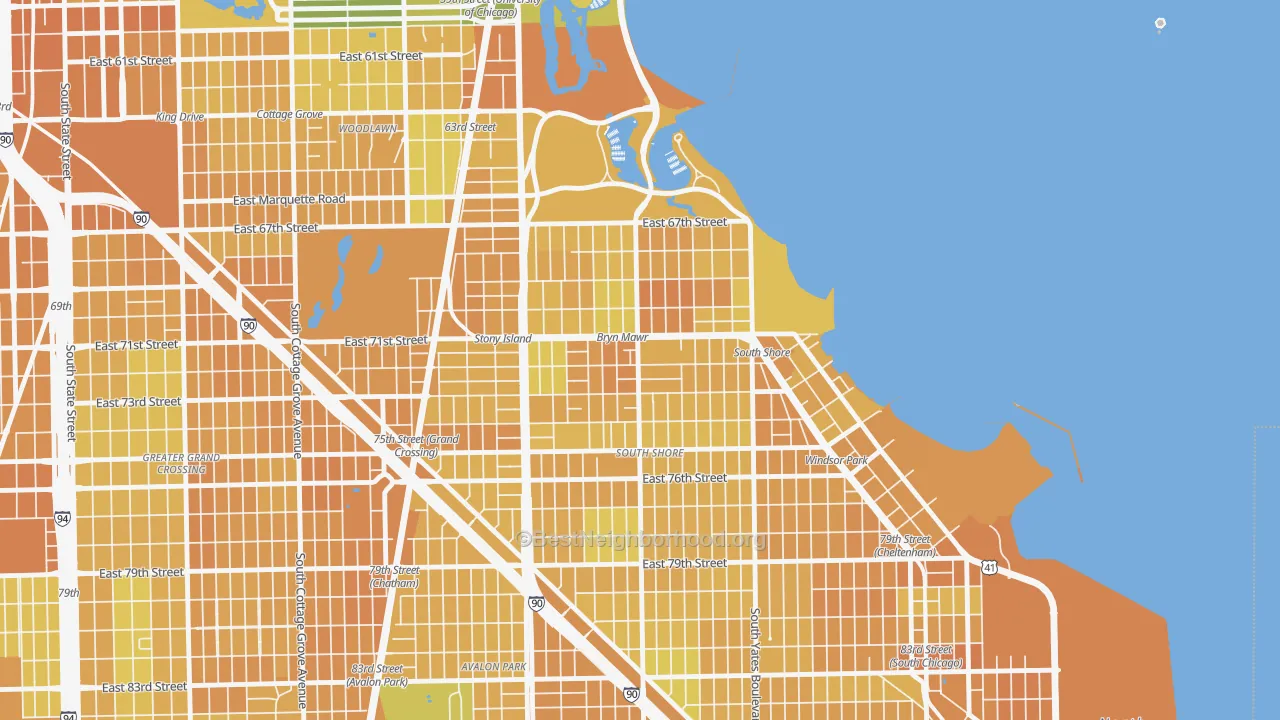 Map of the best neighborhoods in the South Shore, Chicago area, with better matches in green and worse matches in red