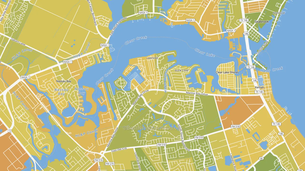 Map of the best neighborhoods in the South Shore Harbour and Marina, League City area, with better matches in green and worse matches in red
