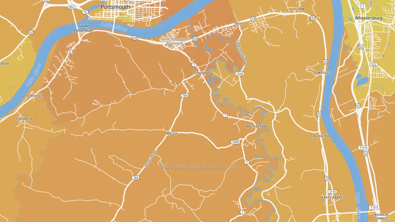 Map of the best neighborhoods in the South Shore area, with better matches in green and worse matches in red