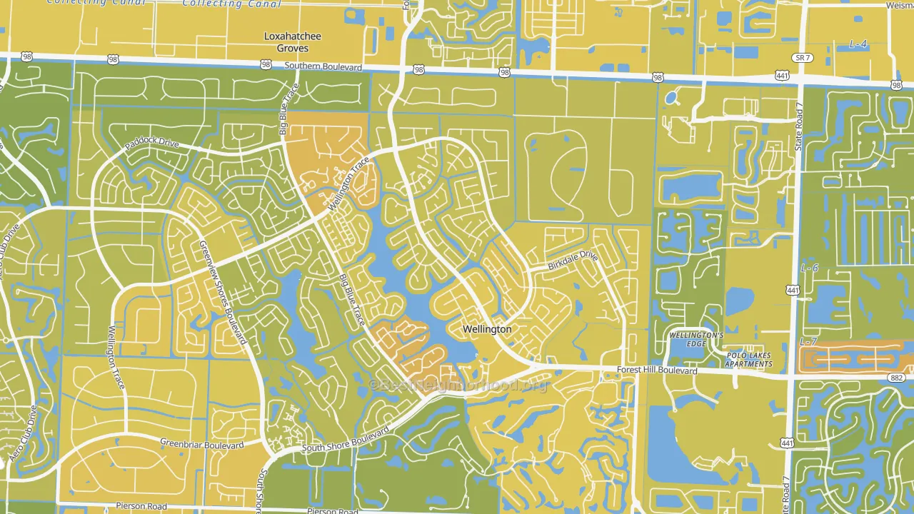 Map of the best neighborhoods in the South Shore of Wellington, Wellington area, with better matches in green and worse matches in red