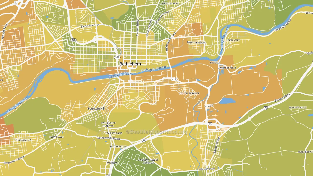 Map of the best neighborhoods in the South Side, Bethlehem area, with better matches in green and worse matches in red