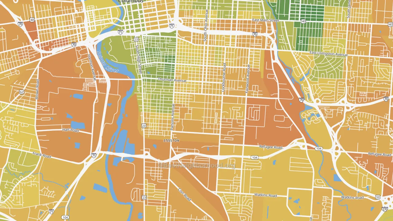 Map of the best neighborhoods in the South Side, Columbus area, with better matches in green and worse matches in red