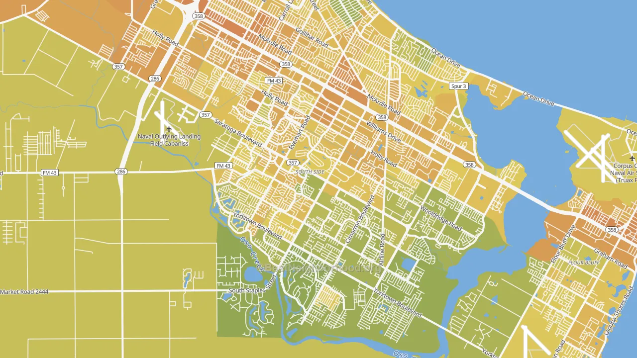 Map of the best neighborhoods in the South Side, Corpus Christi area, with better matches in green and worse matches in red