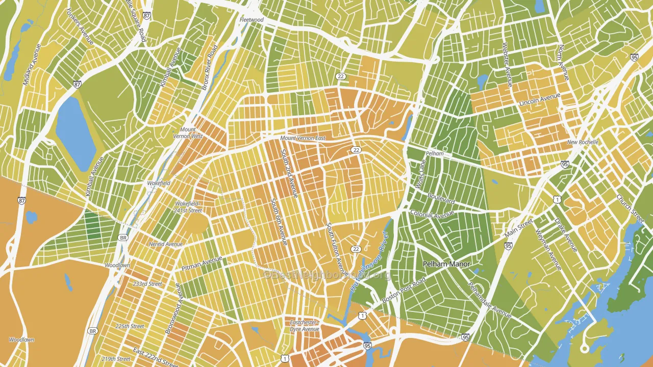 Map of the best neighborhoods in the South Side, Mount Vernon area, with better matches in green and worse matches in red