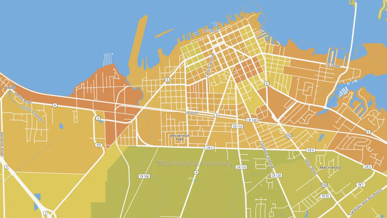 Map of the best neighborhoods in the South Side, Sandusky area, with better matches in green and worse matches in red