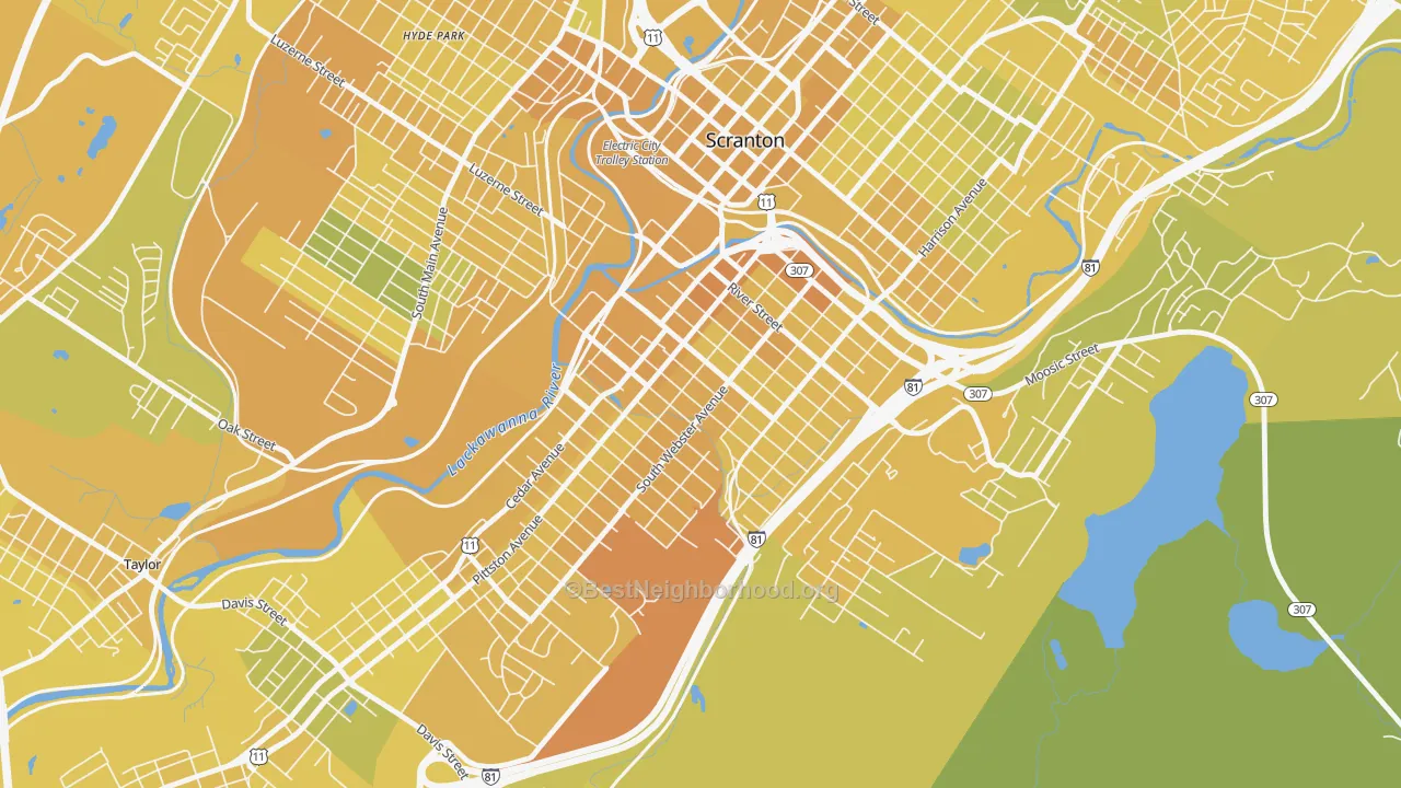 Map of the best neighborhoods in the South Side, Scranton area, with better matches in green and worse matches in red