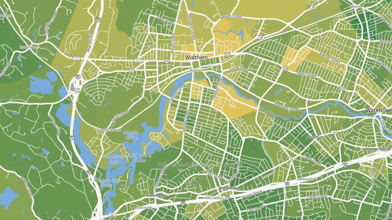 Map of the best neighborhoods in the South Side, Waltham area, with better matches in green and worse matches in red