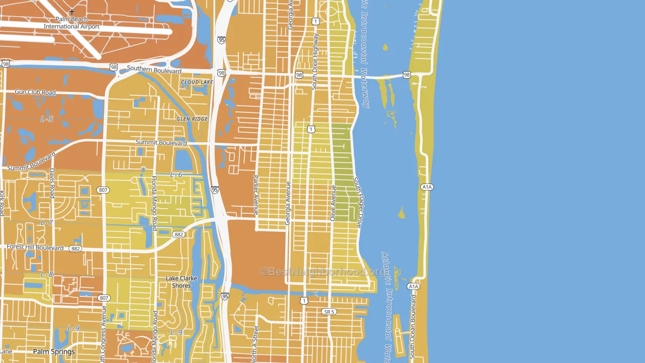 Map of the best neighborhoods in the South Side, West Palm Beach area, with better matches in green and worse matches in red