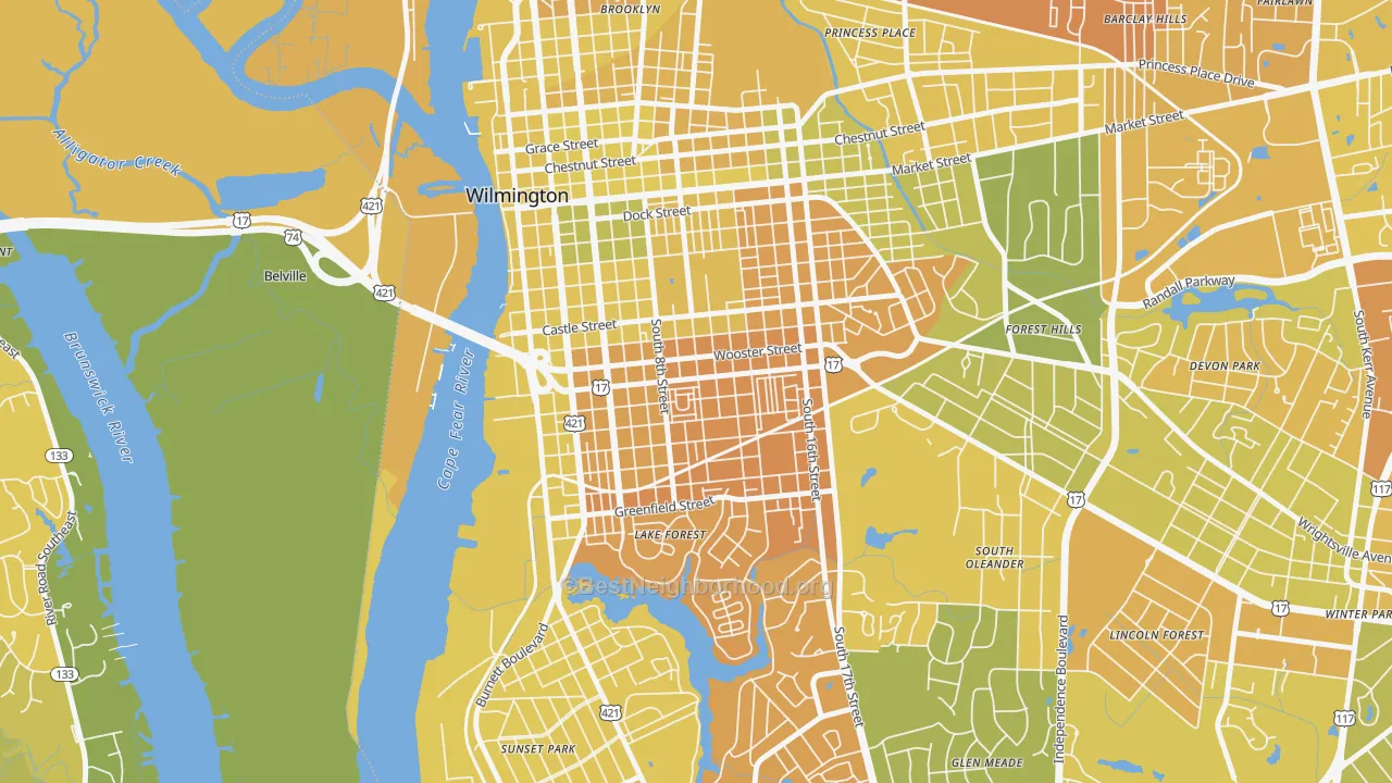 Map of the best neighborhoods in the South Side, Wilmington area, with better matches in green and worse matches in red