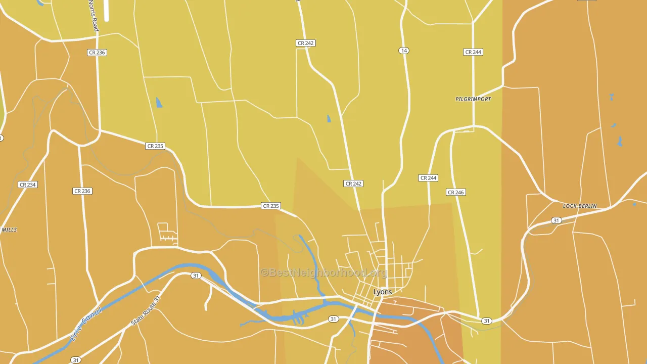 Map of the best neighborhoods in the South Sodus area, with better matches in green and worse matches in red