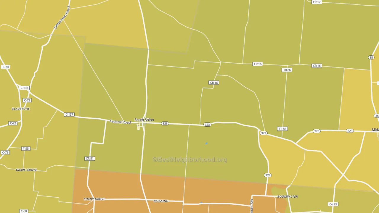 Map of the best neighborhoods in the South Solon area, with better matches in green and worse matches in red