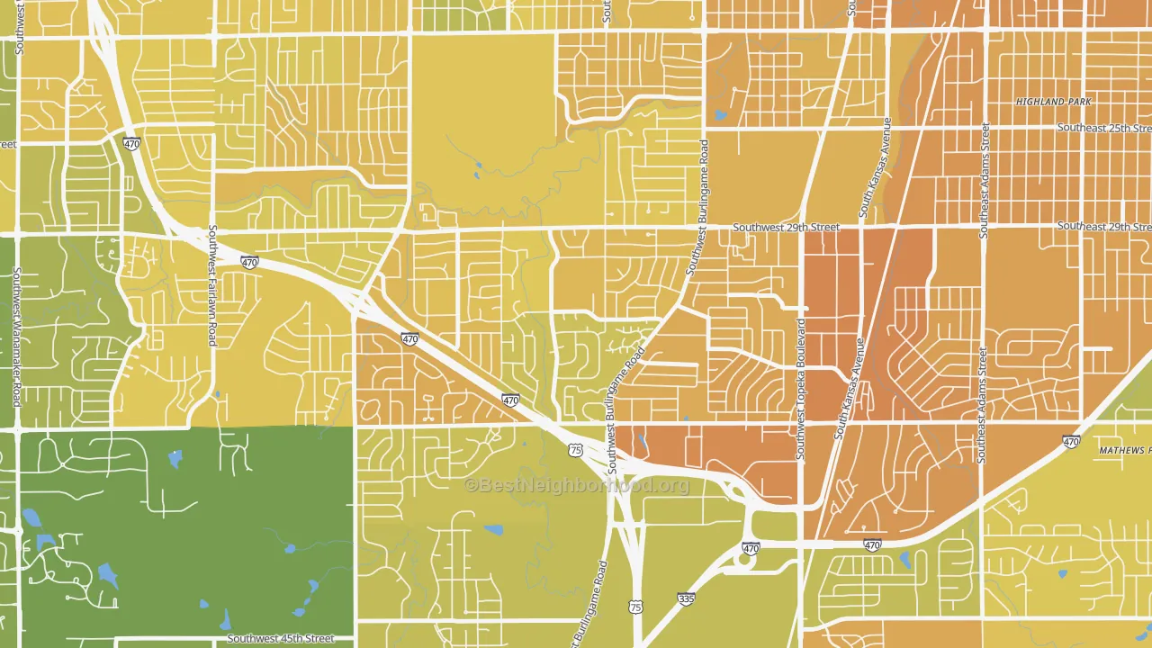 Map of the best neighborhoods in the South Southeast 1, Topeka area, with better matches in green and worse matches in red