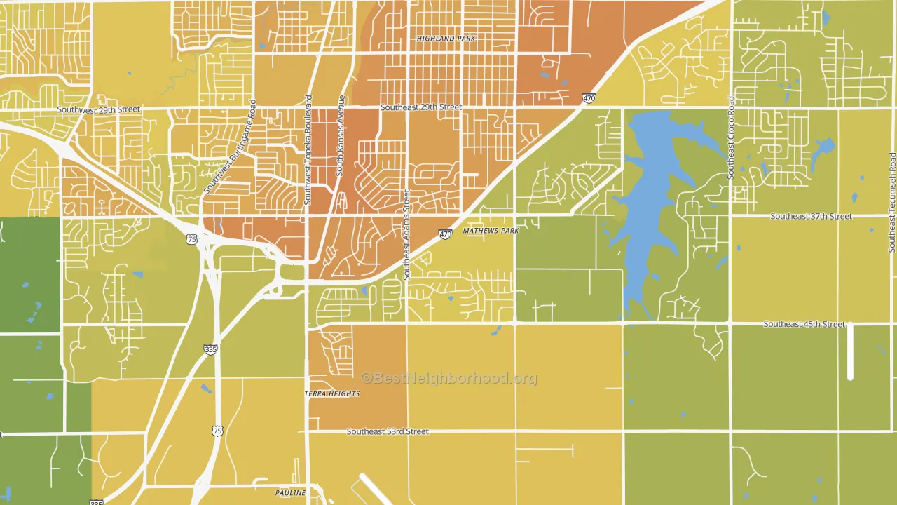 Map of the best neighborhoods in the South Southeast 3, Topeka area, with better matches in green and worse matches in red