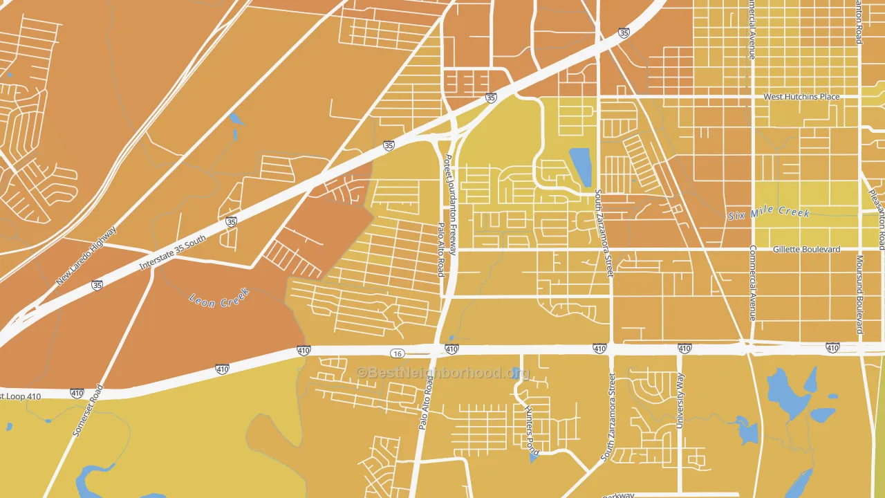 Map of the best neighborhoods in the South Southwest, San Antonio area, with better matches in green and worse matches in red