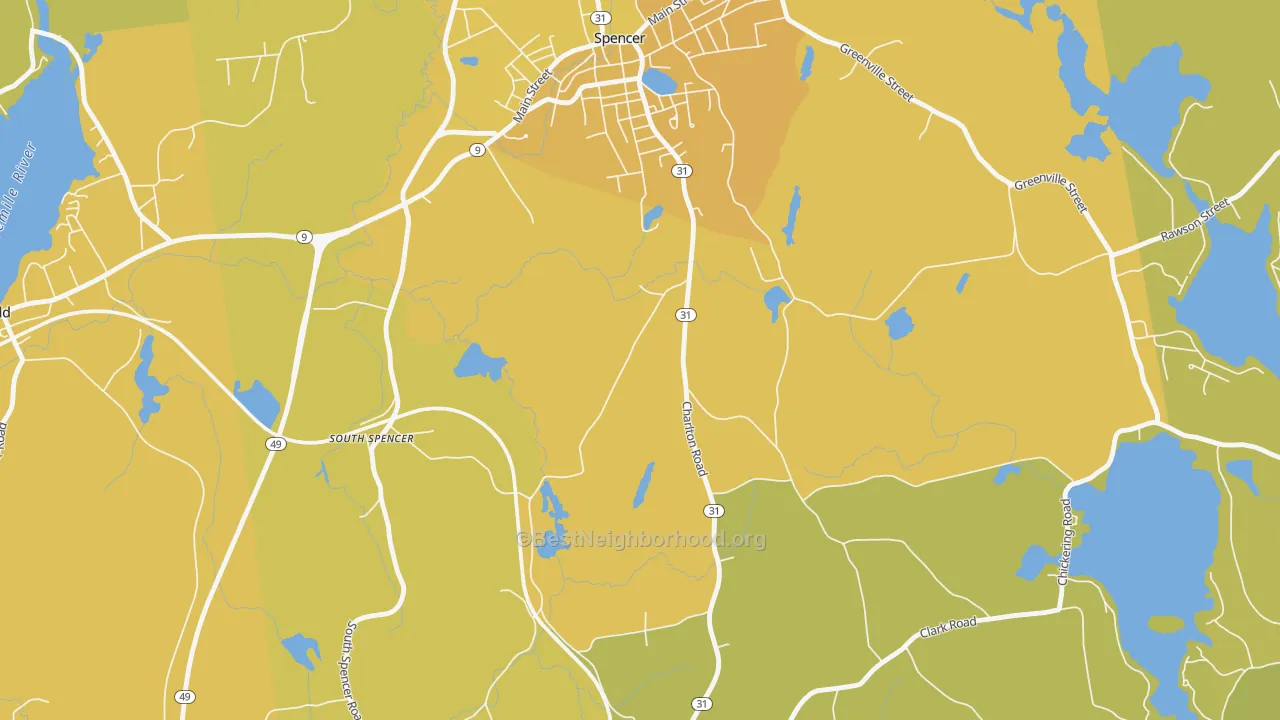 Map of the best neighborhoods in the South Spencer area, with better matches in green and worse matches in red