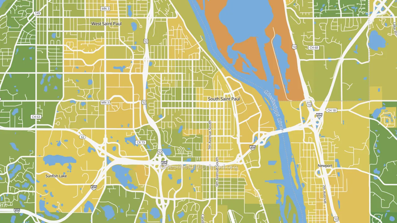 Map of the best neighborhoods in the South St. Paul area, with better matches in green and worse matches in red