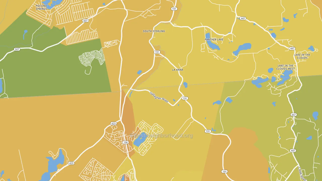 Map of the best neighborhoods in the South Sterling area, with better matches in green and worse matches in red