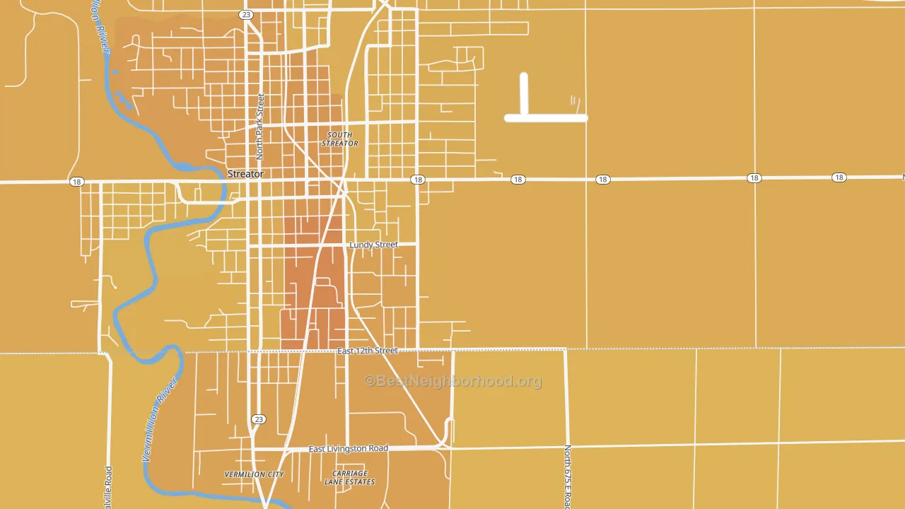 Map of the best neighborhoods in the South Streator area, with better matches in green and worse matches in red