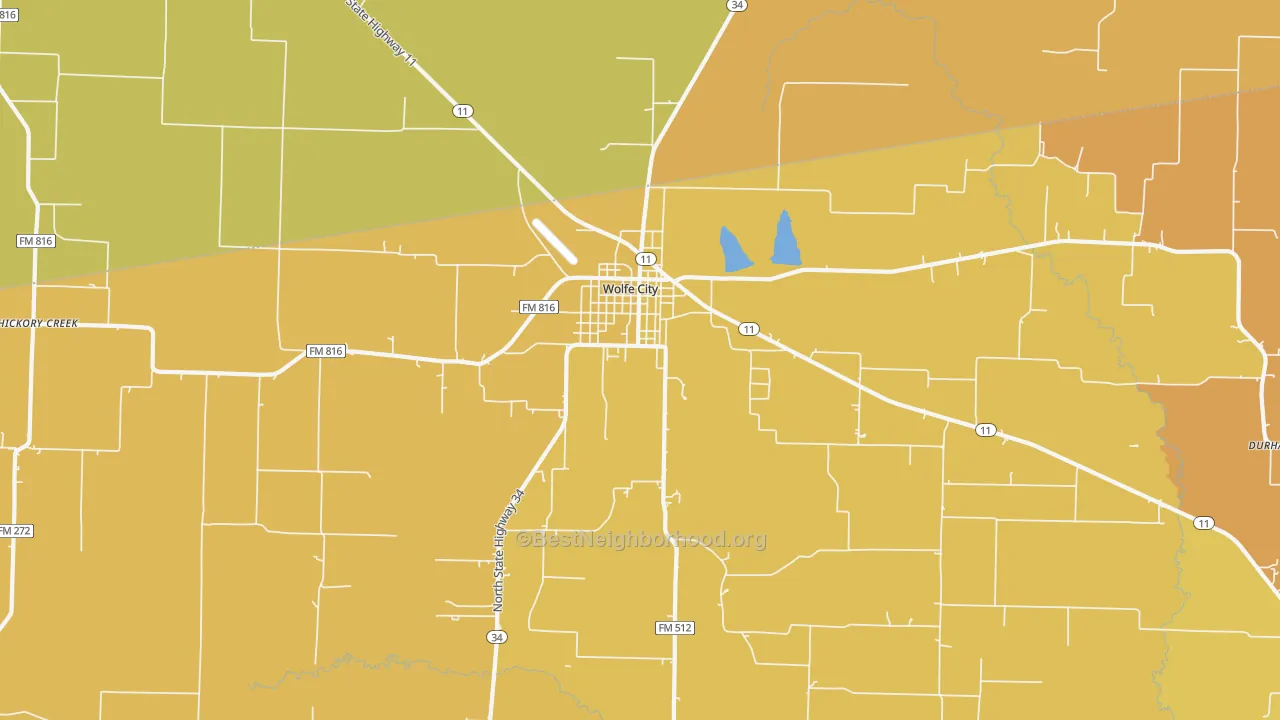 Map of the best neighborhoods in the South Sulphur area, with better matches in green and worse matches in red