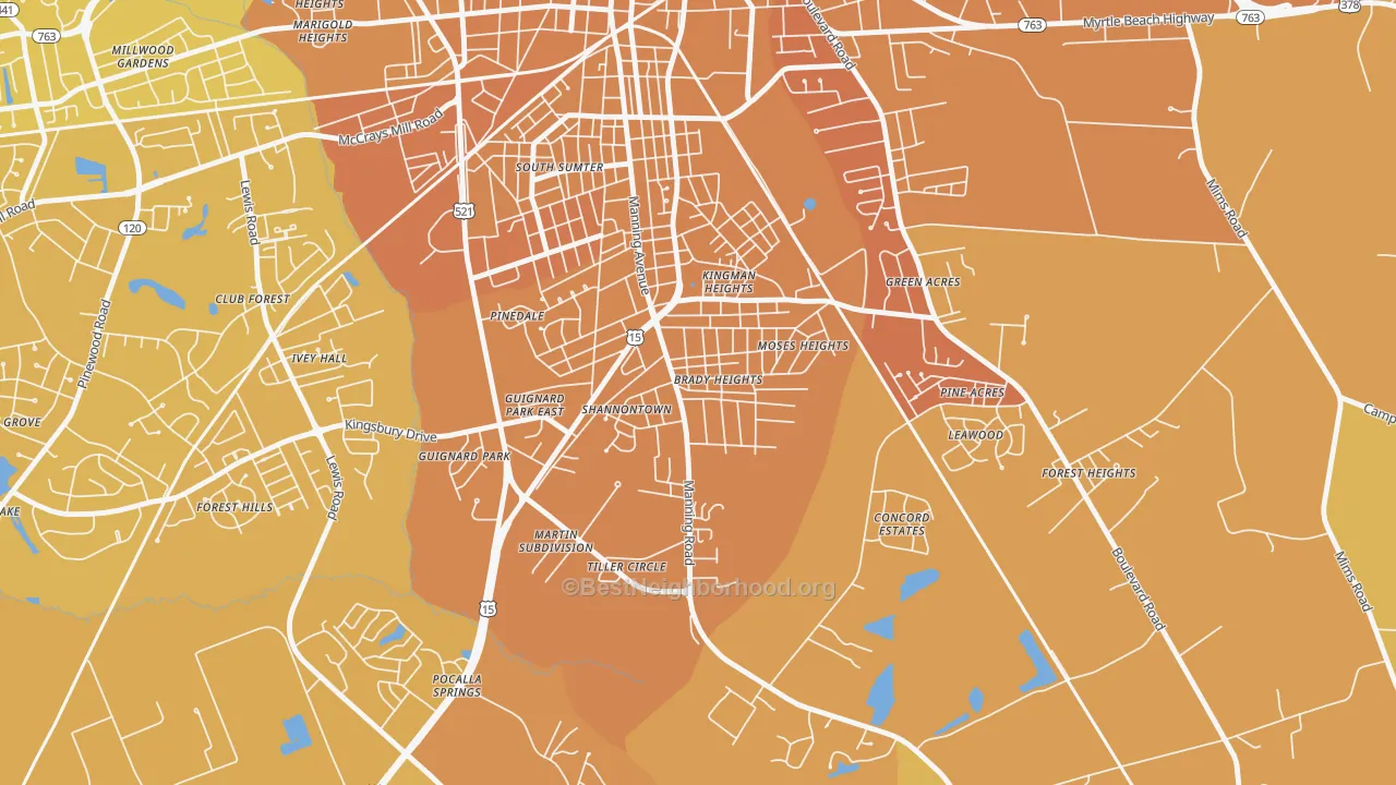 Map of the best neighborhoods in the South Sumter area, with better matches in green and worse matches in red