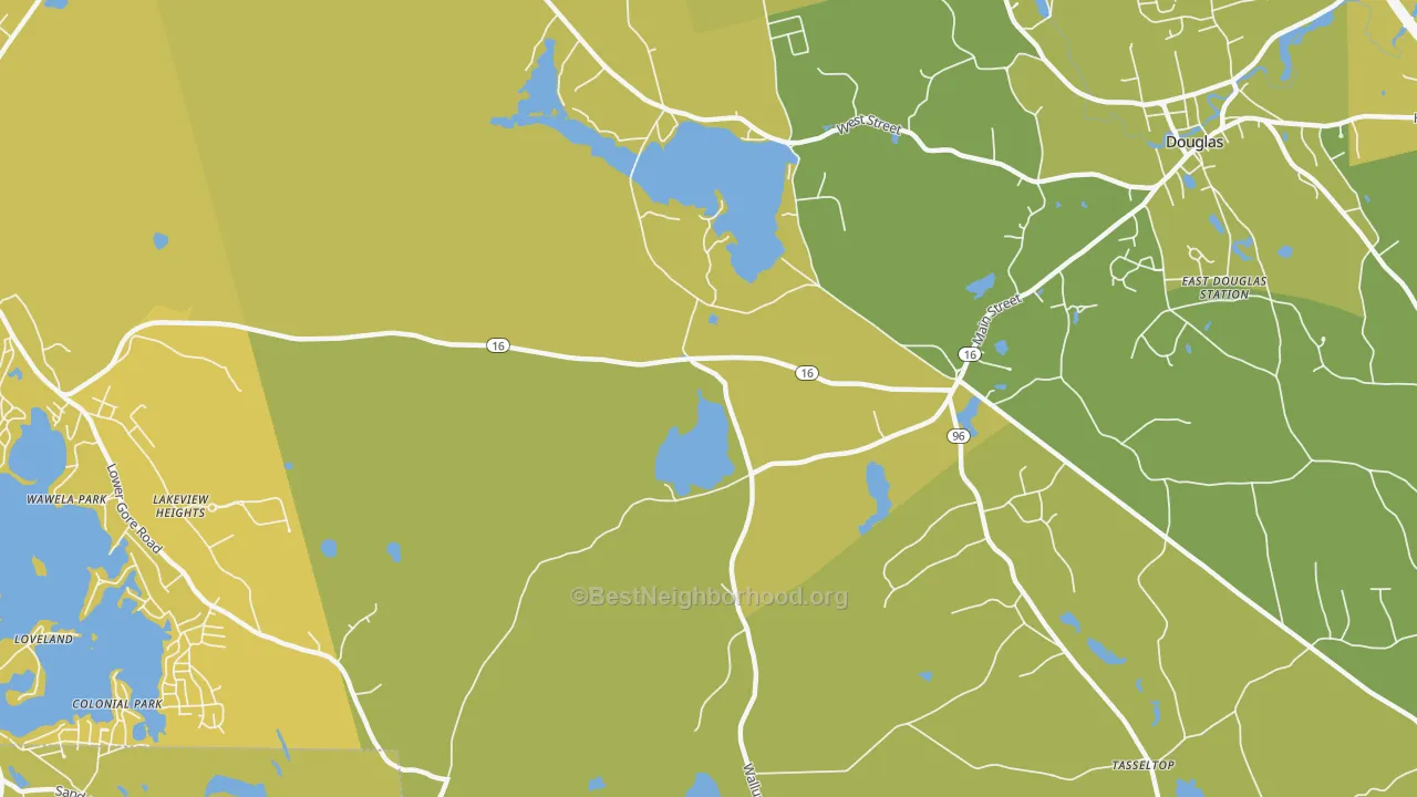 Map of the best neighborhoods in the South Sutton area, with better matches in green and worse matches in red