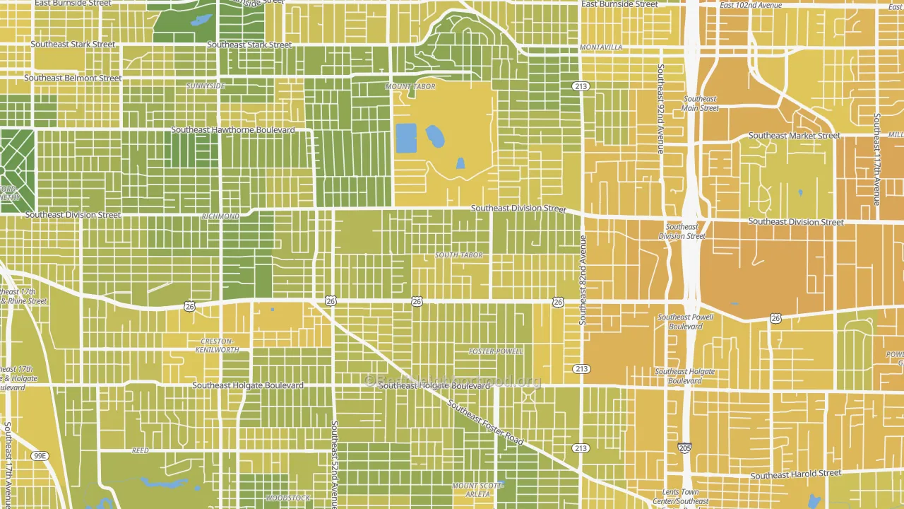 Map of the best neighborhoods in the South Tabor, Portland area, with better matches in green and worse matches in red