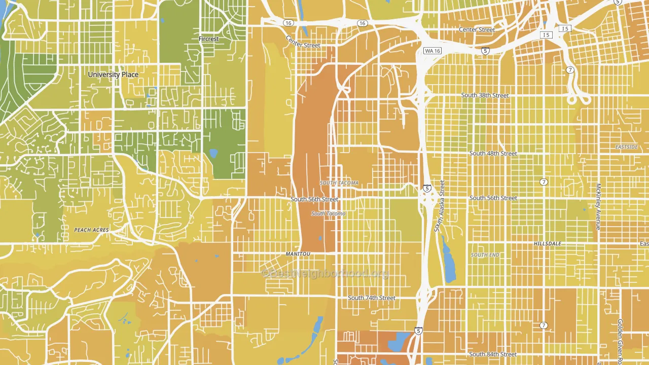 Map of the best neighborhoods in the South Tacoma, Tacoma area, with better matches in green and worse matches in red
