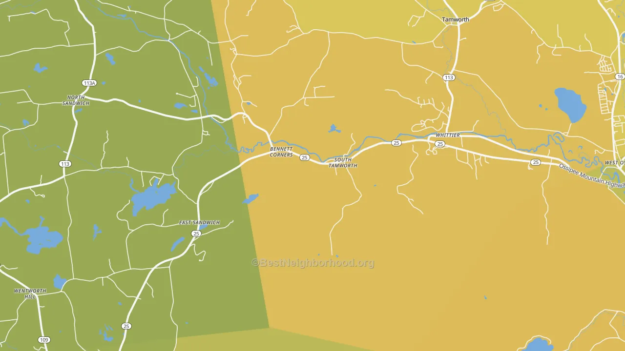 Map of the best neighborhoods in the South Tamworth area, with better matches in green and worse matches in red