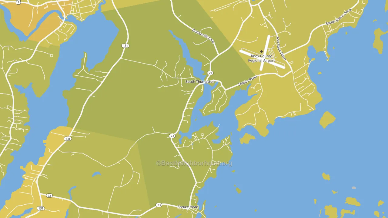 Map of the best neighborhoods in the South Thomaston area, with better matches in green and worse matches in red