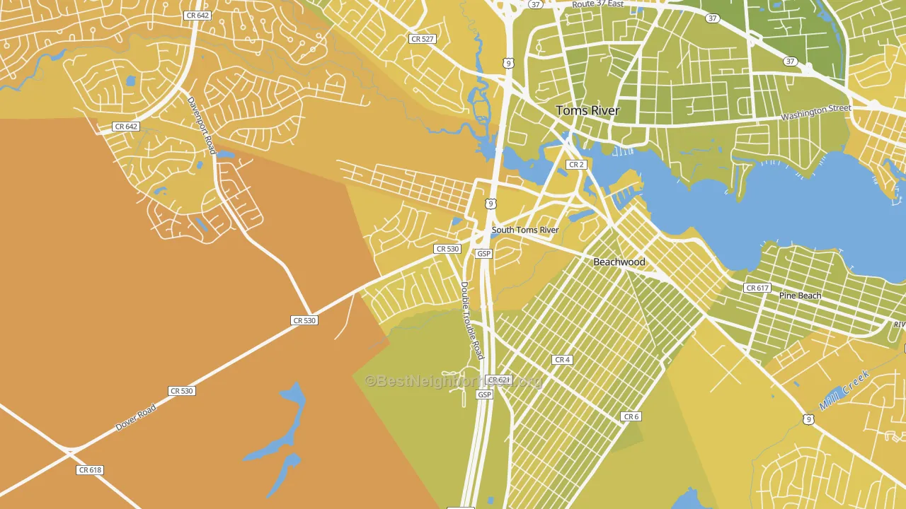 Map of the best neighborhoods in the South Toms River area, with better matches in green and worse matches in red