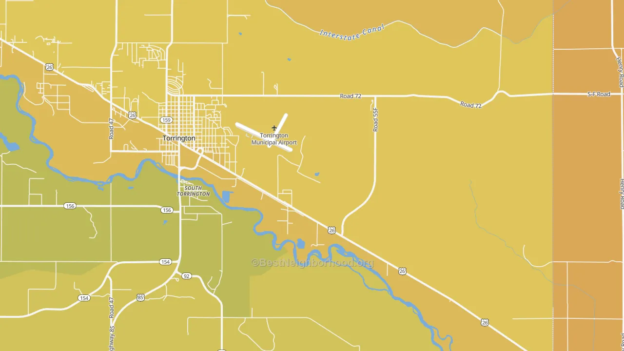 Map of the best neighborhoods in the South Torrington area, with better matches in green and worse matches in red