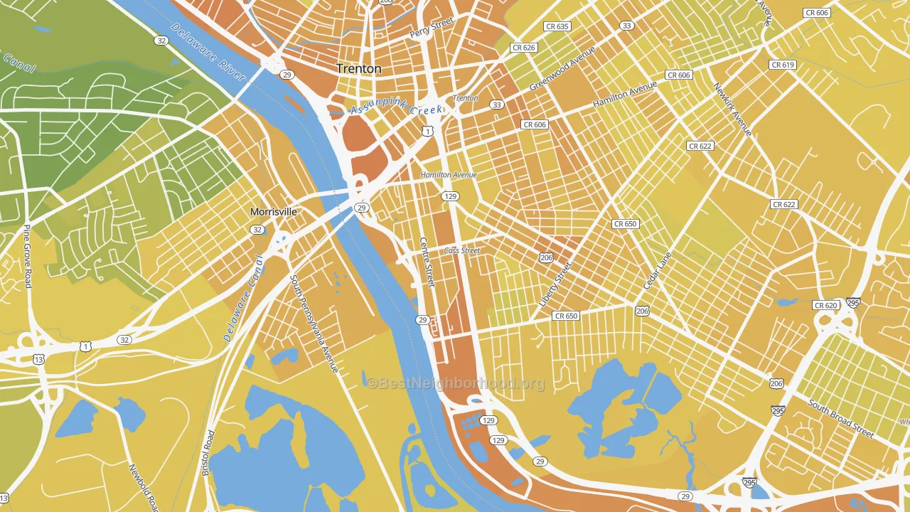 Map of the best neighborhoods in the South Trenton, Trenton area, with better matches in green and worse matches in red