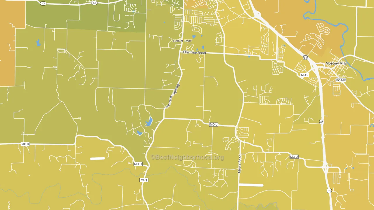 Map of the best neighborhoods in the South Troy area, with better matches in green and worse matches in red