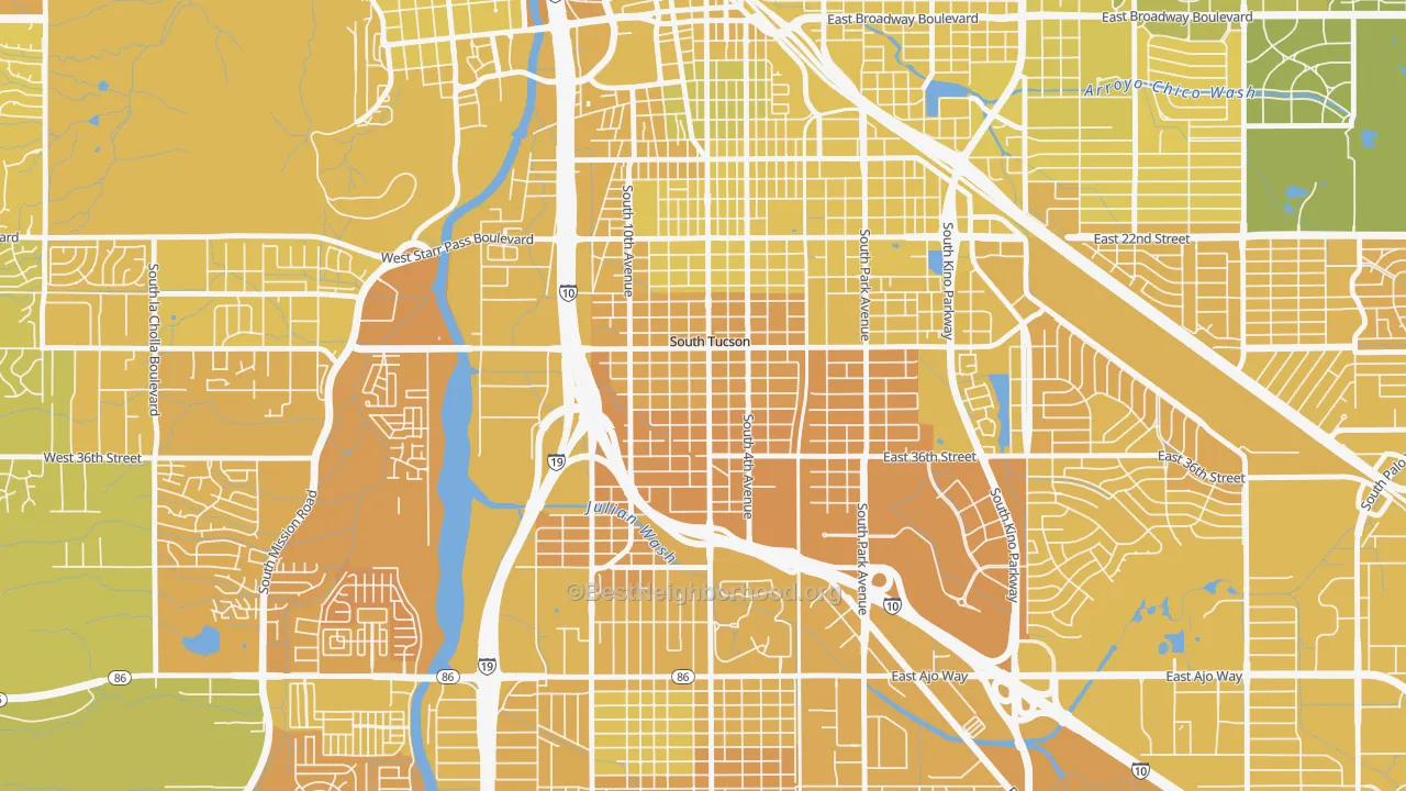 Map of the best neighborhoods in the South Tucson area, with better matches in green and worse matches in red