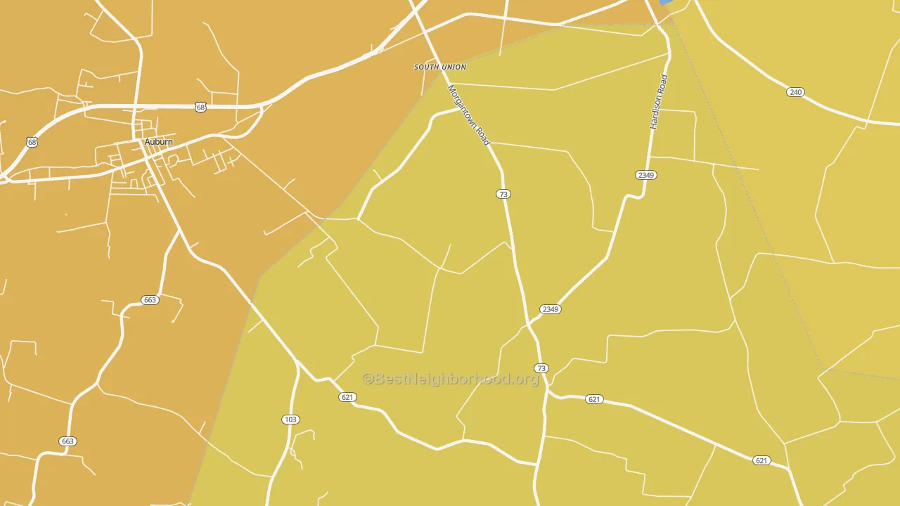 Map of the best neighborhoods in the South Union area, with better matches in green and worse matches in red