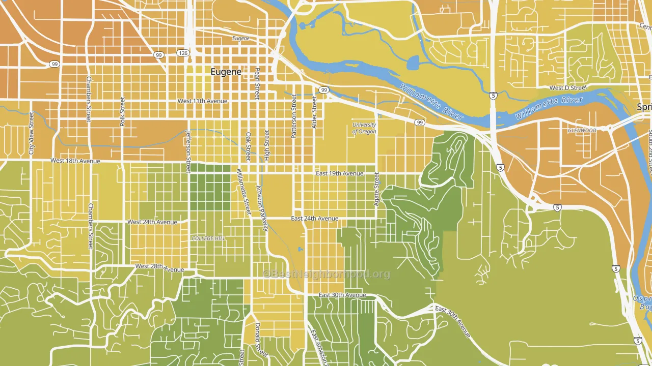 Map of the best neighborhoods in the South University, Eugene area, with better matches in green and worse matches in red