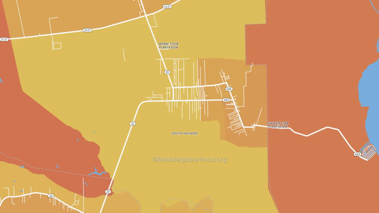 Map of the best neighborhoods in the South Vacherie area, with better matches in green and worse matches in red