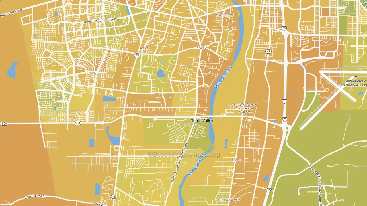 Map of the best neighborhoods in the South Valley area, with better matches in green and worse matches in red