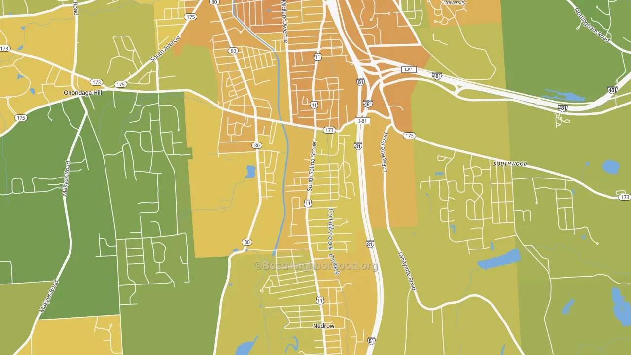 Map of the best neighborhoods in the South Valley, Syracuse area, with better matches in green and worse matches in red
