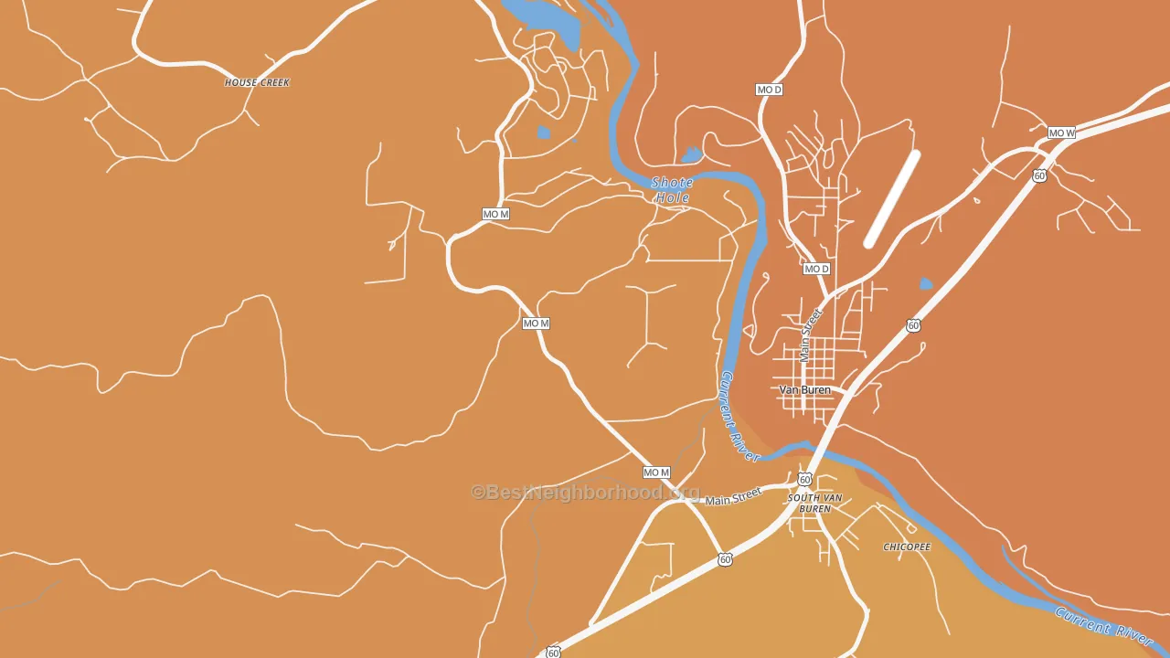 Map of the best neighborhoods in the South Van Buren area, with better matches in green and worse matches in red