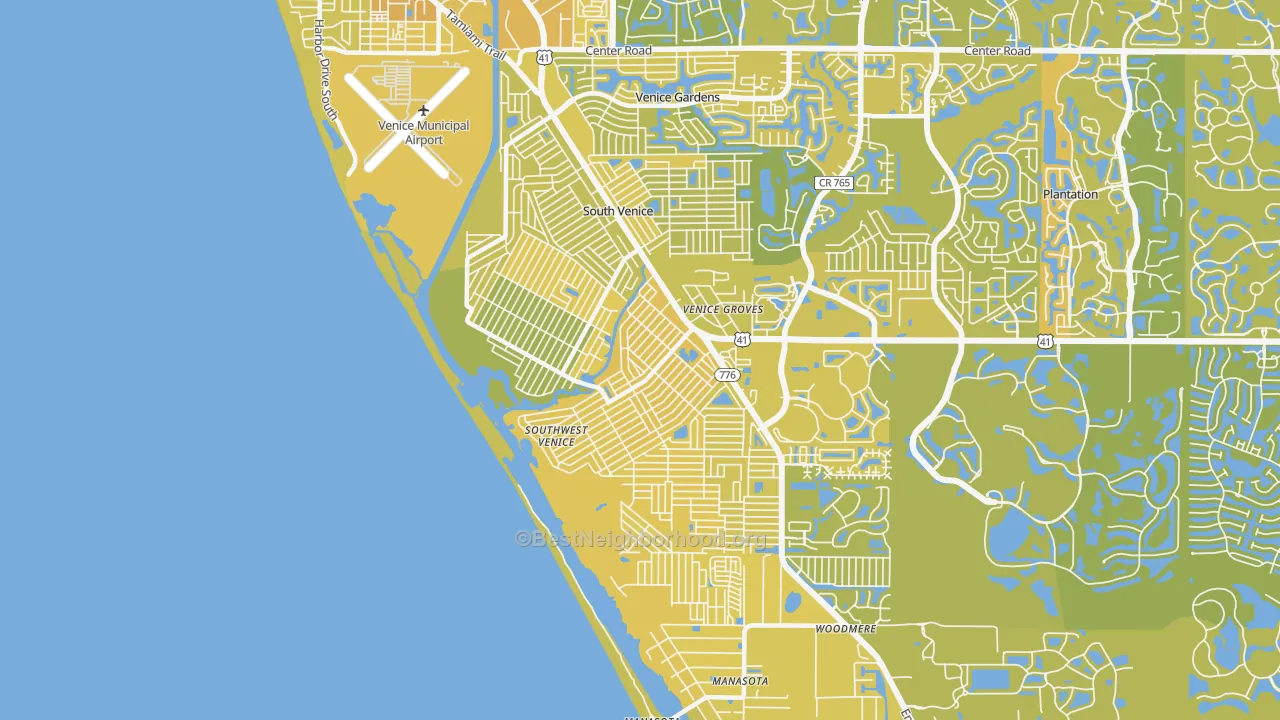 Map of the best neighborhoods in the South Venice area, with better matches in green and worse matches in red