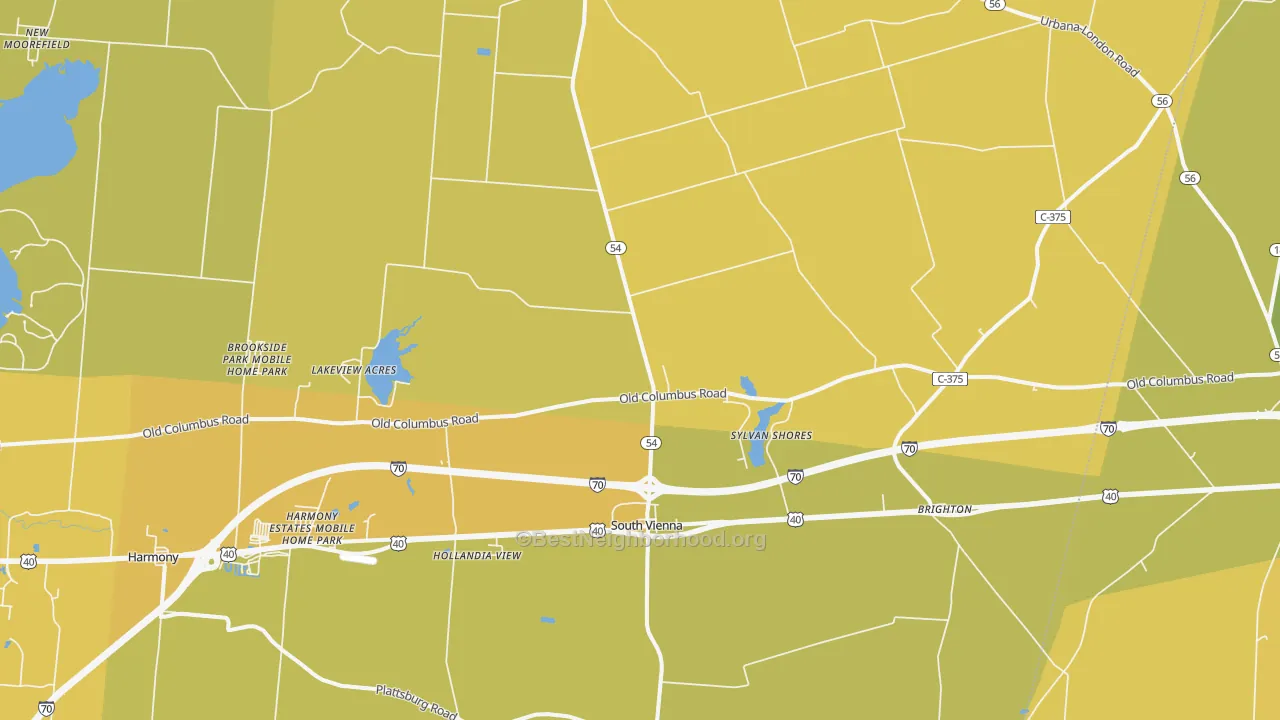 Map of the best neighborhoods in the South Vienna area, with better matches in green and worse matches in red