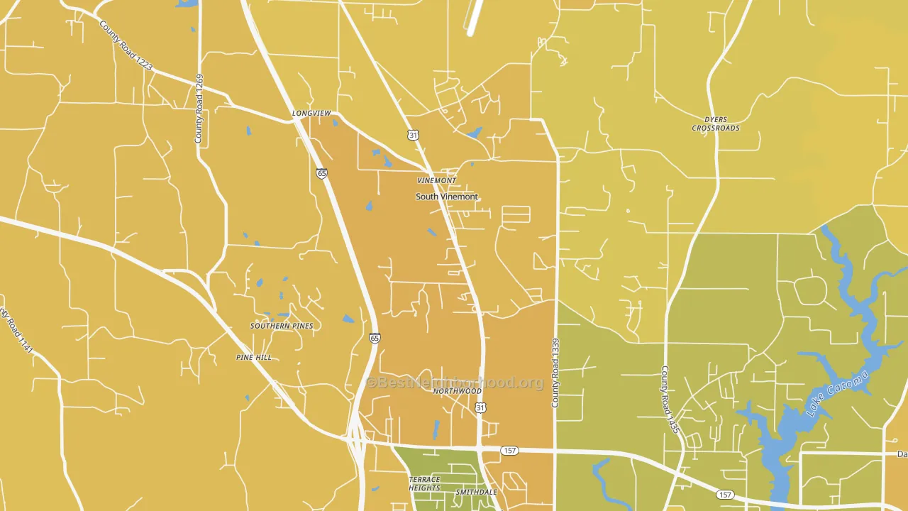 Map of the best neighborhoods in the South Vinemont area, with better matches in green and worse matches in red