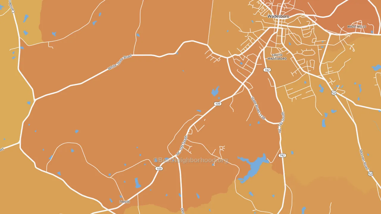 Map of the best neighborhoods in the South Wadesboro area, with better matches in green and worse matches in red