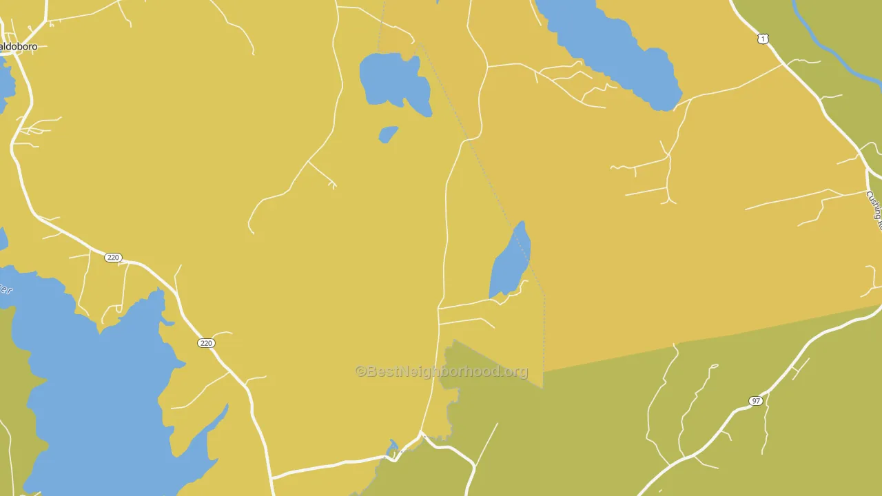 Map of the best neighborhoods in the South Waldoboro area, with better matches in green and worse matches in red