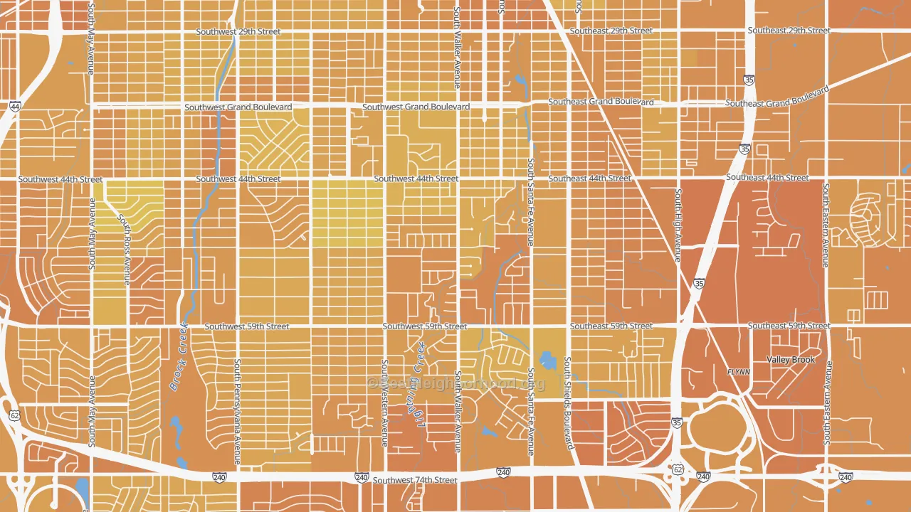 Map of the best neighborhoods in the South Walker, Oklahoma City area, with better matches in green and worse matches in red