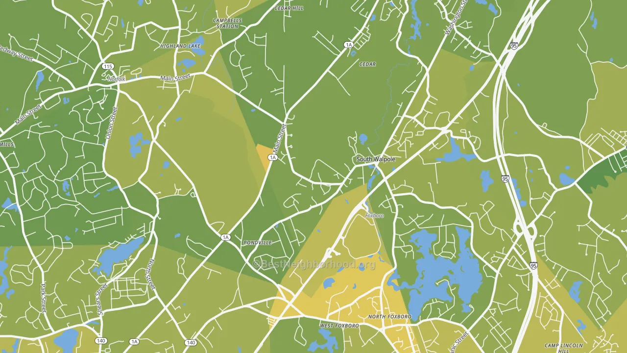 Map of the best neighborhoods in the South Walpole area, with better matches in green and worse matches in red
