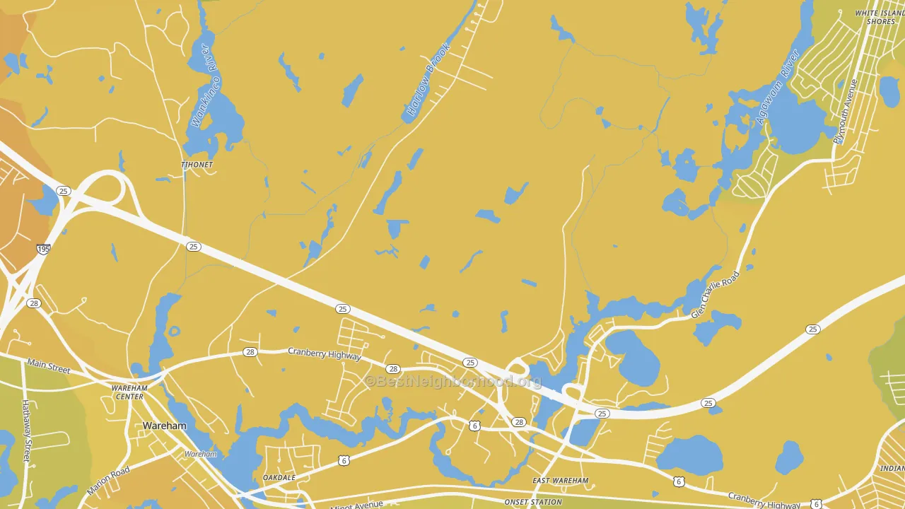 Map of the best neighborhoods in the South Wareham area, with better matches in green and worse matches in red